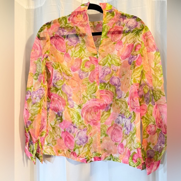 Tops - Sheer Floral Zip Front Blouse | Y2K Romantic Top | 3/4 Sleeve